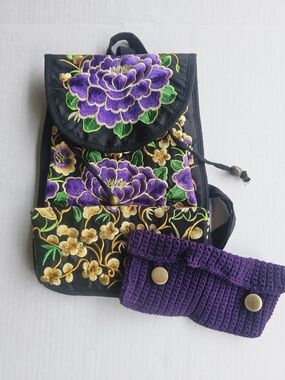 Black Embroidered Floral Backpack with Purple Accents
